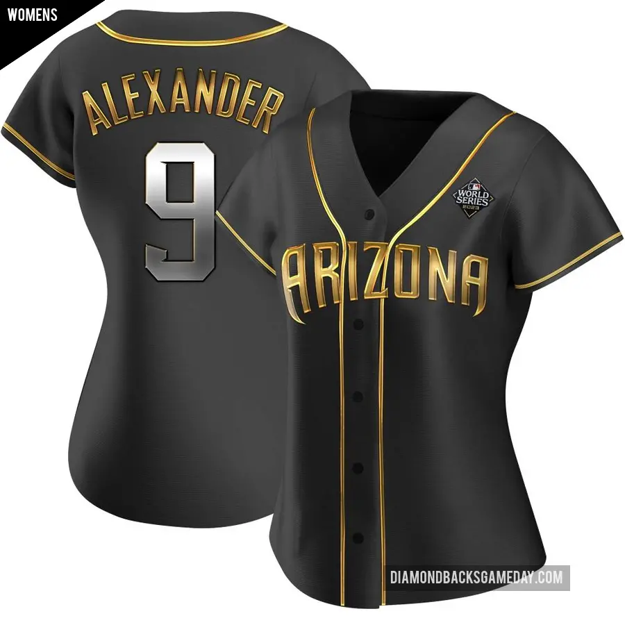 Women's Arizona Diamondbacks ＃9 Blaze Alexander Authentic Gold Black en Alternate 2023 World Series Jersey